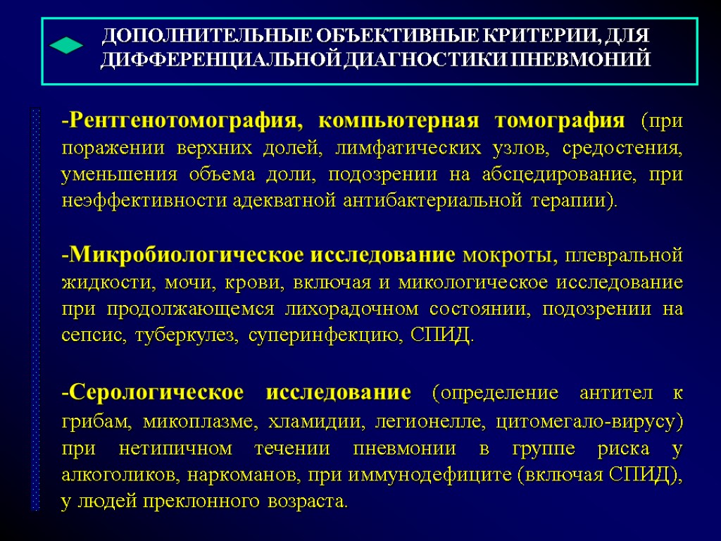 ДОПОЛНИТЕЛЬНЫЕ ОБЪЕКТИВНЫЕ КРИТЕРИИ, ДЛЯ ДИФФЕРЕНЦИАЛЬНОЙ ДИАГНОСТИКИ ПНЕВМОНИЙ -Рентгенотомография, компьютерная томография (при поражении верхних долей,